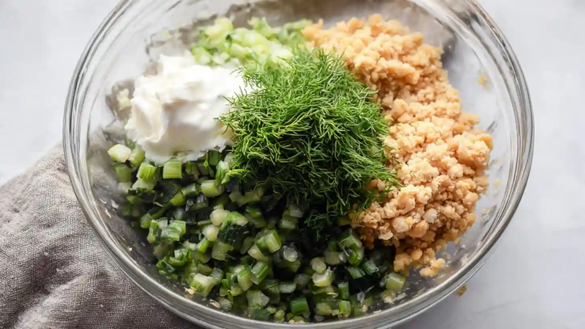 Glass mixing bowl with chickpeas, chopped green onions, fresh dill, diced celery, and a dollop of mayonnaise on a light kitchen surface.