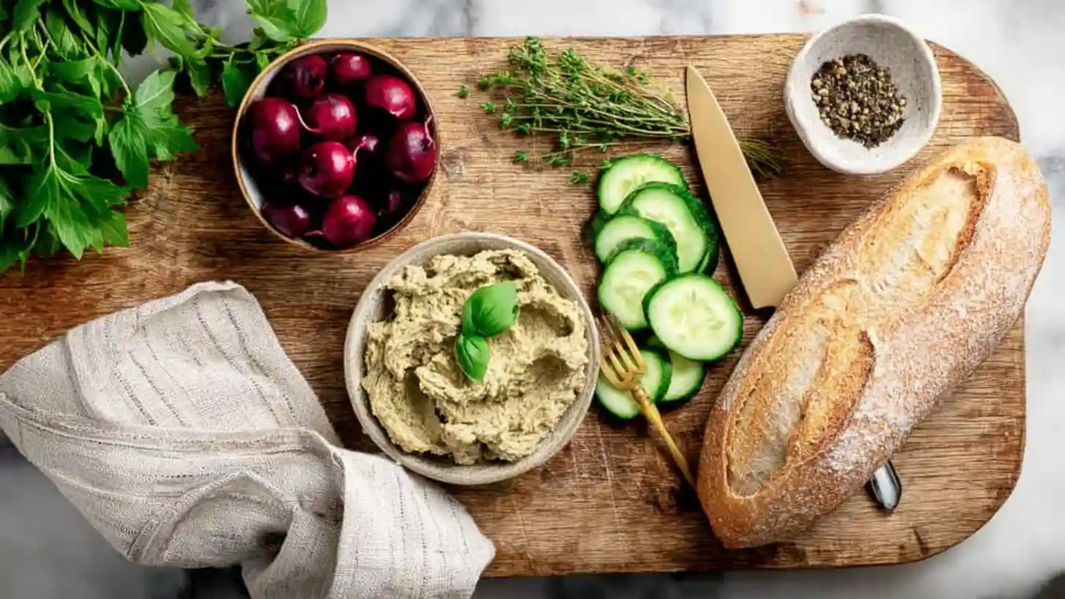 Overhead view of a wooden board with a loaf of bread, cucumber slices, fresh herbs, red cherries, black pepper, and a bowl of creamy dip garnished with basil.