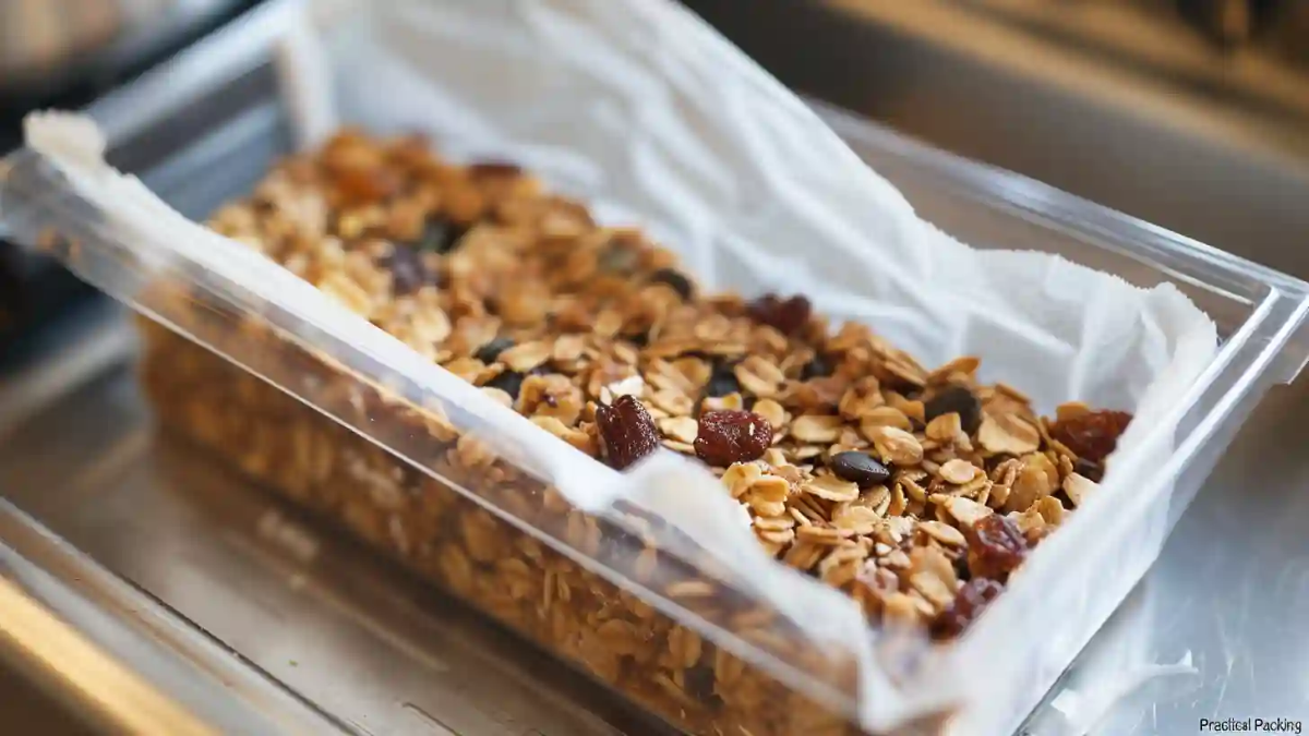 Uncut granola bar mixture with oats, seeds, and dried fruit in a parchment-lined container cooling before slicing.