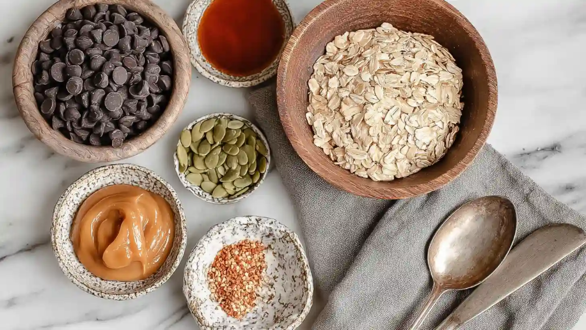 Flat lay of granola bar ingredients including rolled oats, chocolate chips, peanut butter, maple syrup, pumpkin seeds, sesame seeds, and vintage spoons on a marble surface.