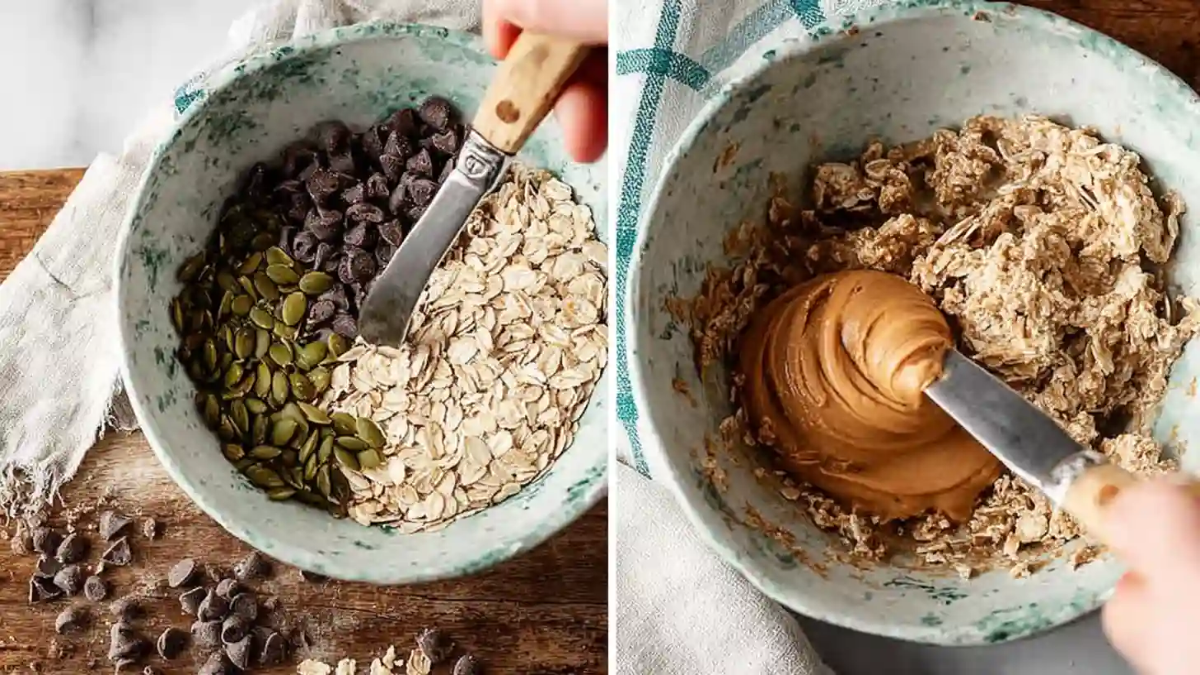 Side-by-side process of making granola bars: mixing oats, chocolate chips, and seeds in a bowl, then combining with peanut butter.