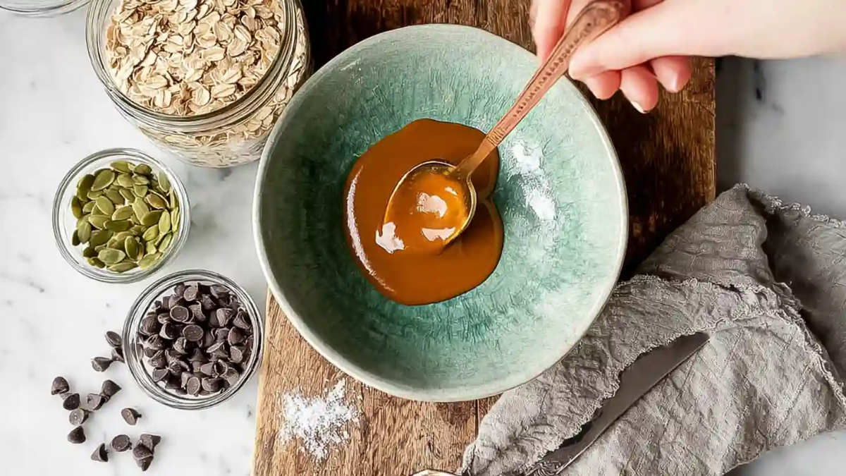 Mixing honey in a green bowl surrounded by granola bar ingredients including oats, chocolate chips, and pumpkin seeds.