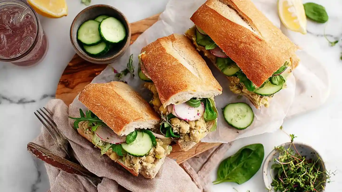 Three chickpea salad sandwiches with cucumbers, radishes, and greens on crusty baguettes, served on parchment over a wooden board with a drink and lemon wedges.