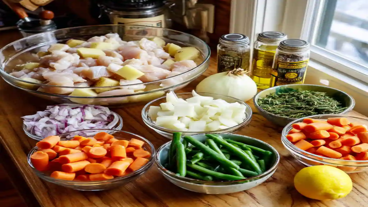 Fresh ingredients for a chicken and vegetable meal including diced chicken, carrots, green beans, onions, potatoes, herbs, and oil arranged in glass bowls on a wooden counter.