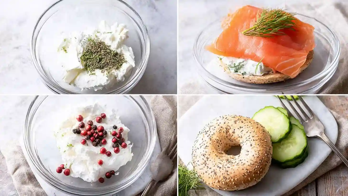 Step-by-step photos of making a smoked salmon bagel with cream cheese, herbs, pink peppercorns, and cucumber slices.