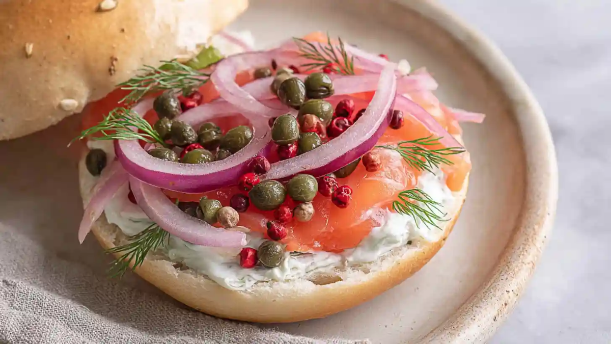 Open-faced smoked salmon bagel topped with cream cheese, red onions, capers, pink peppercorns, and fresh dill.