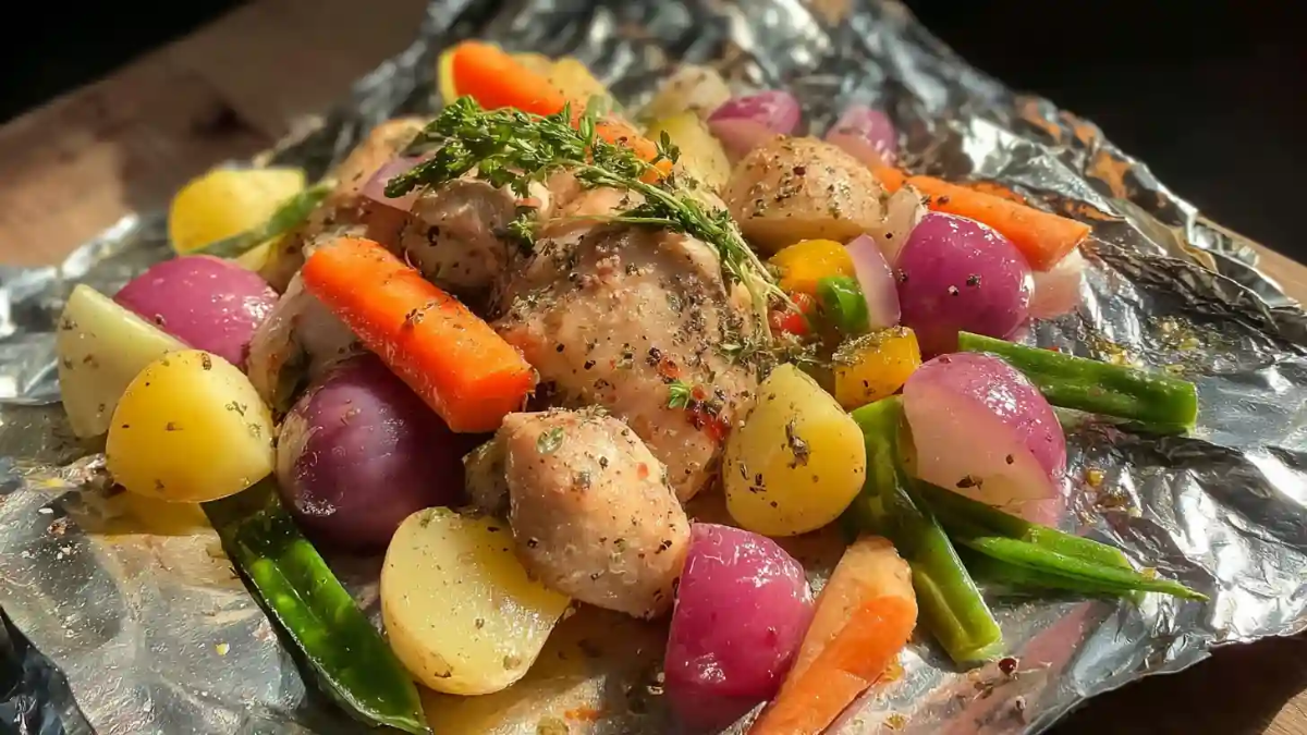 Foil pack filled with seasoned chicken, baby potatoes, carrots, red onions, green beans, and fresh herbs cooked to perfection.