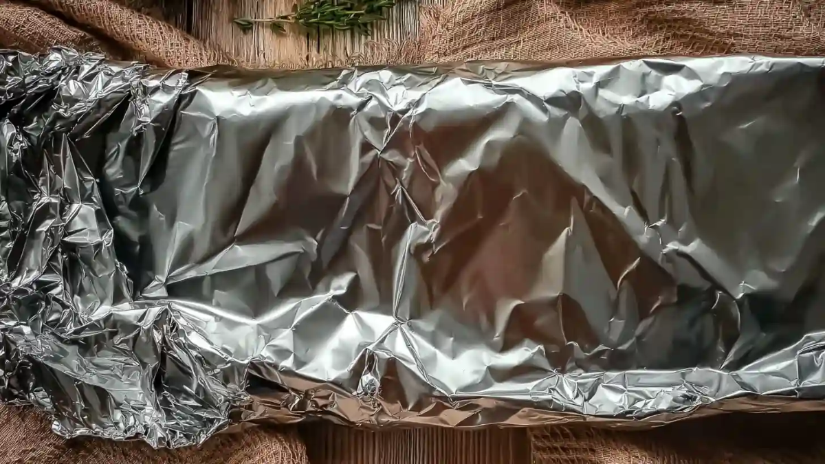 Large foil packet tightly wrapped and ready for cooking, placed on a wooden surface with fresh herbs and burlap fabric.
