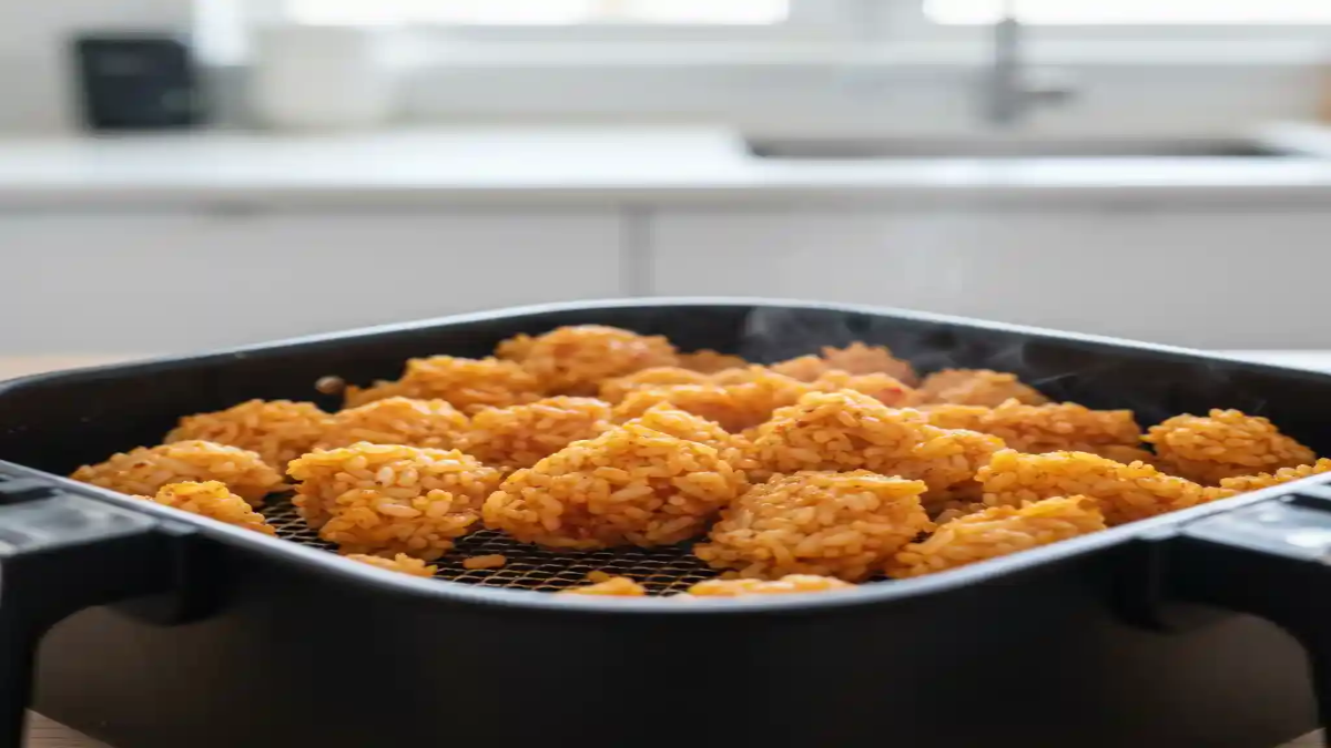 Cheesy rice bites cooking in an air fryer basket in a modern kitchen
