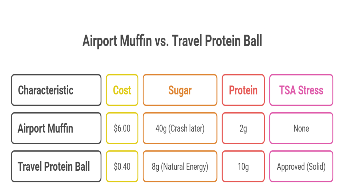 Comparison chart of airport muffin vs. travel protein ball showing differences in cost, sugar, protein, and TSA travel stress.