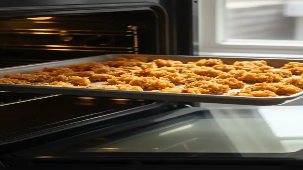Baking sheet of cheesy rice bites being placed into the oven