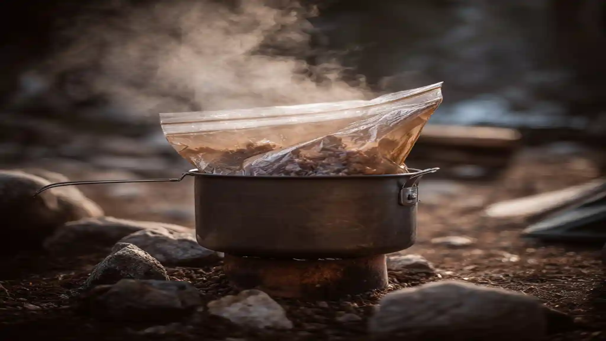 Vacuum-sealed meal being heated in a pot over a campfire while backpacking.