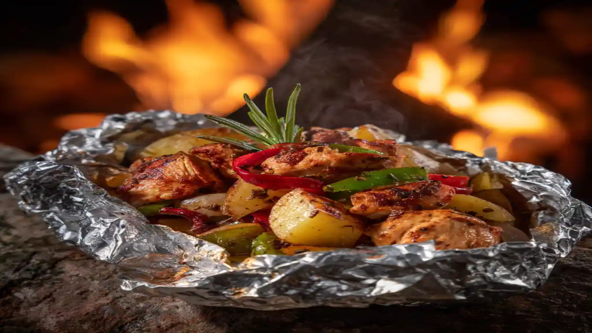 Campfire foil pack meal with grilled chicken, potatoes, bell peppers, and rosemary, cooked over open flames on a rock surface.