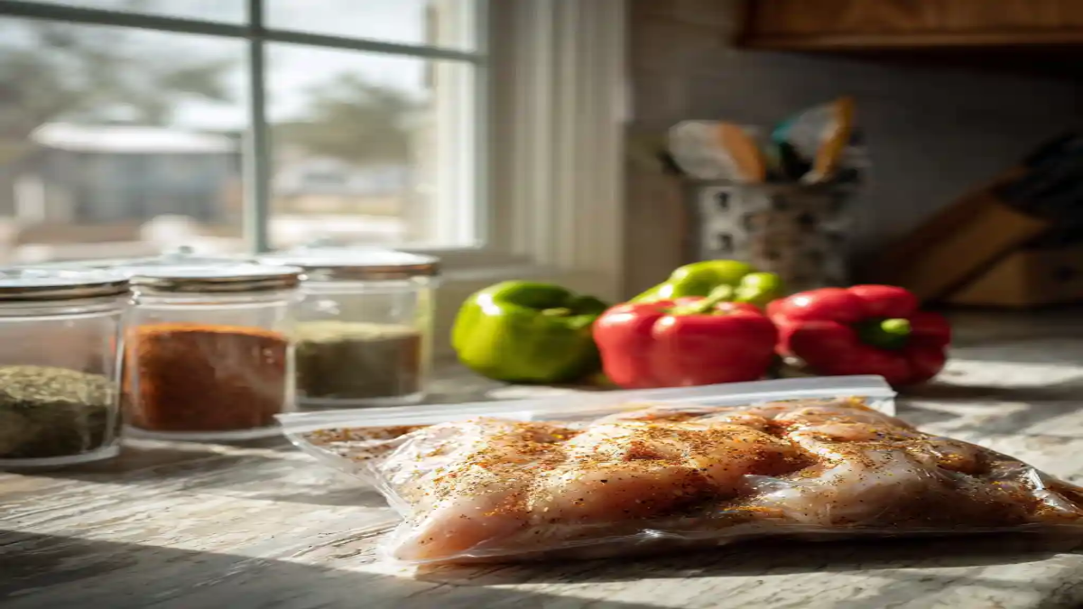Raw chicken breasts seasoned and sealed in a plastic bag for marinating on a kitchen counter with spices and bell peppers in natural sunlight.