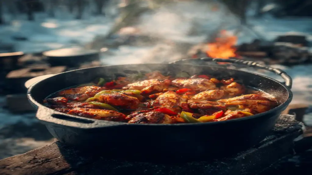 Cast iron pot filled with stewed chicken, bell peppers, and vegetables cooking over an open fire in a snowy outdoor setting.