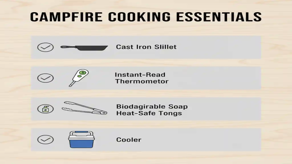 Checklist of campfire cooking essentials including cast iron skillet, thermometer, tongs, soap, and cooler.
