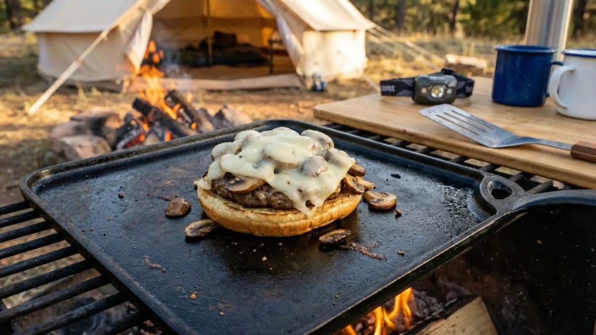 Mushroom and Swiss cheeseburger cooking on a campfire grill in front of a tent