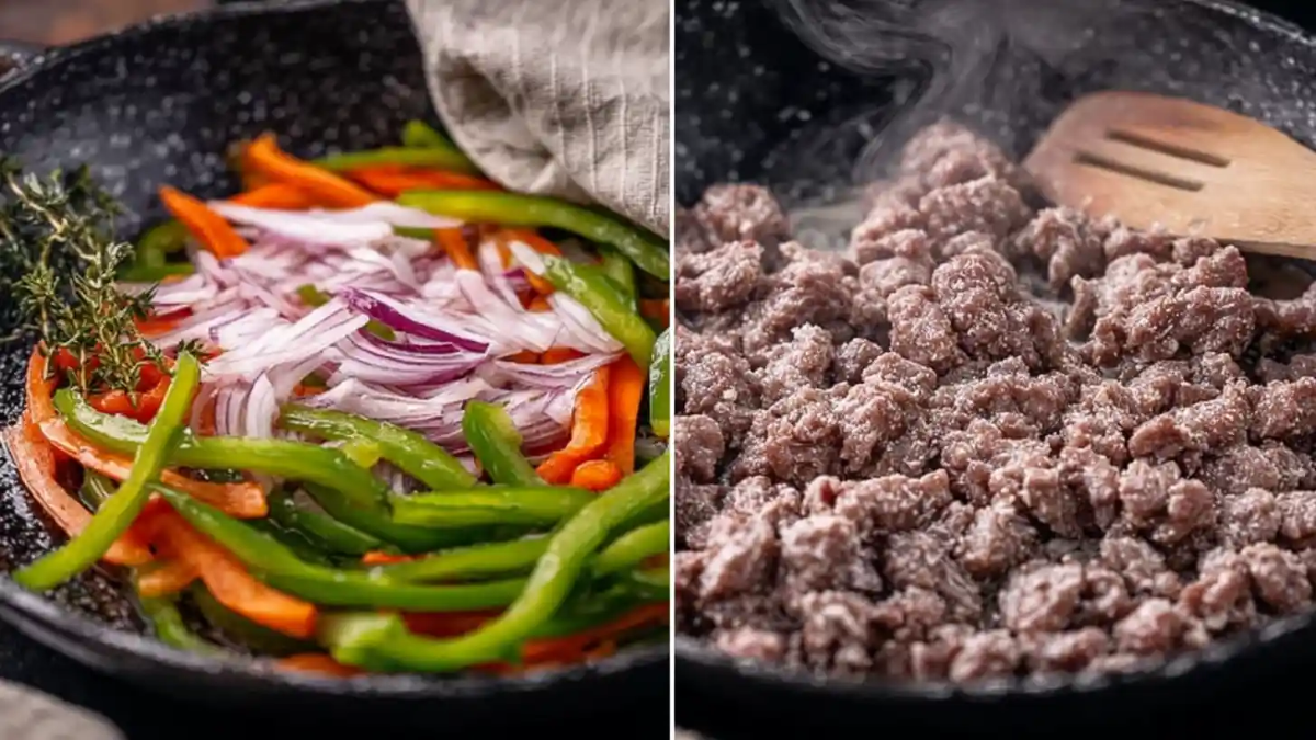 Colorful bell peppers, red onions, and fresh thyme sautéing in a skillet beside ground beef cooking with steam rising.
