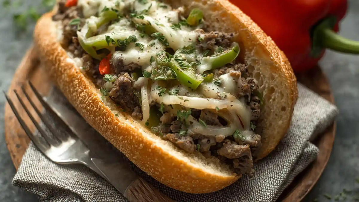 Philly cheesesteak sandwich loaded with melted cheese, sautéed onions, bell peppers, and seasoned ground beef on a toasted hoagie roll.