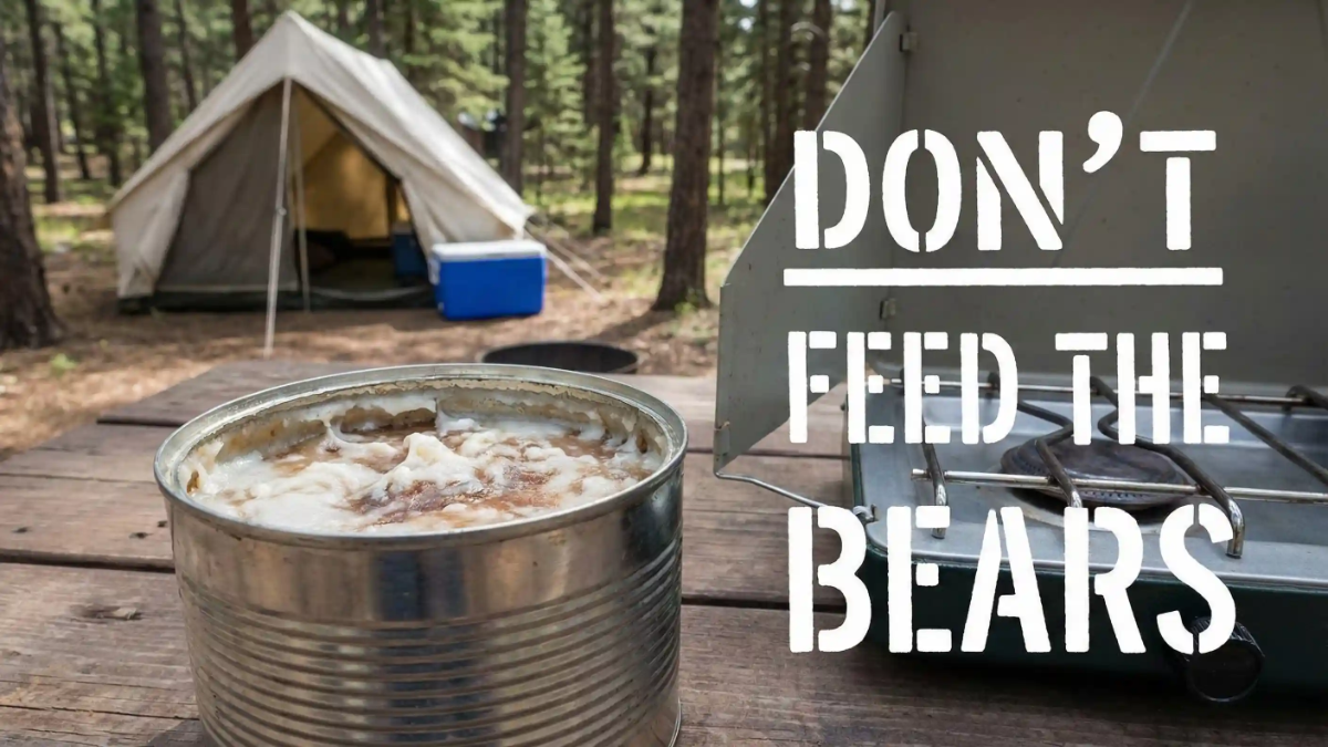 Open food can on a picnic table at a campsite with the words “Don’t Feed the Bears”
