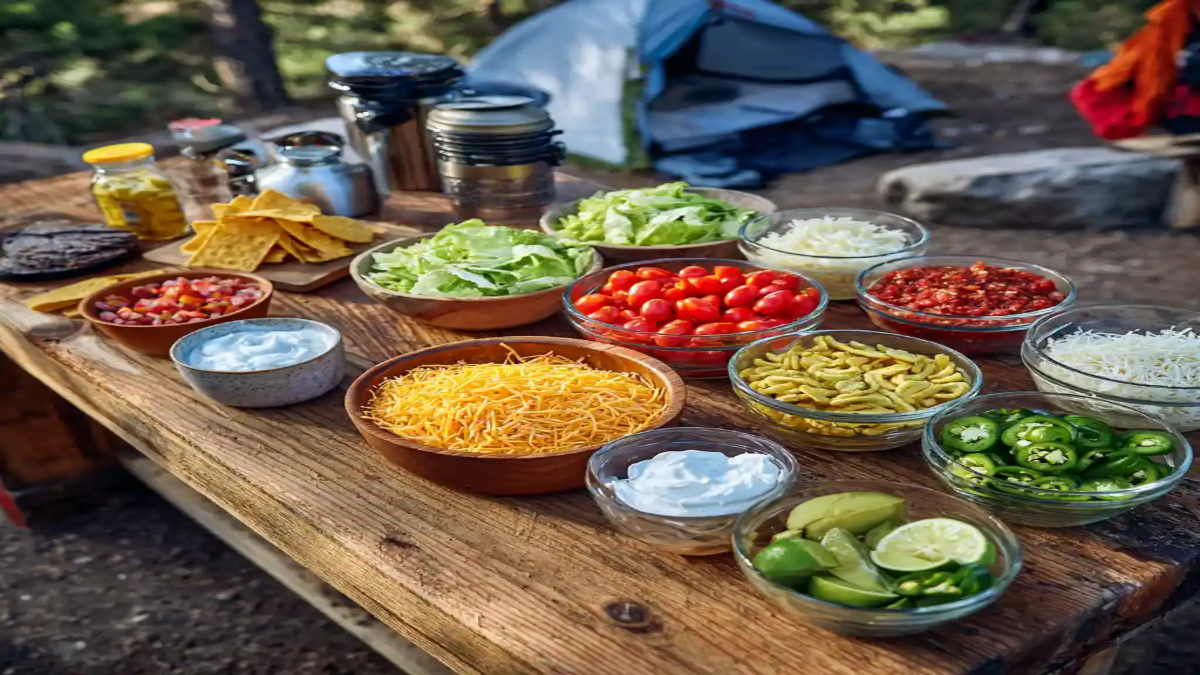 Campground taco bar setup with fresh toppings and condiments on a rustic wooden picnic table.