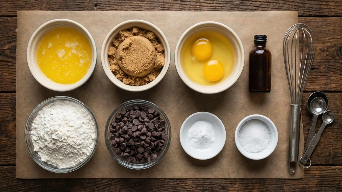 Flat lay of chocolate chip cookie ingredients including eggs, butter, brown sugar, flour, chocolate chips, baking soda, salt, and vanilla extract on parchment paper.