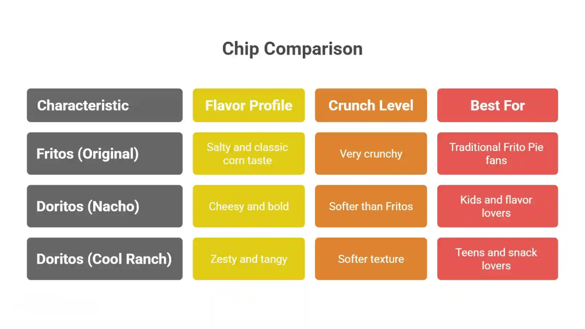 Comparison chart of Fritos and Doritos chips showing flavor profile, crunch level, and best uses.