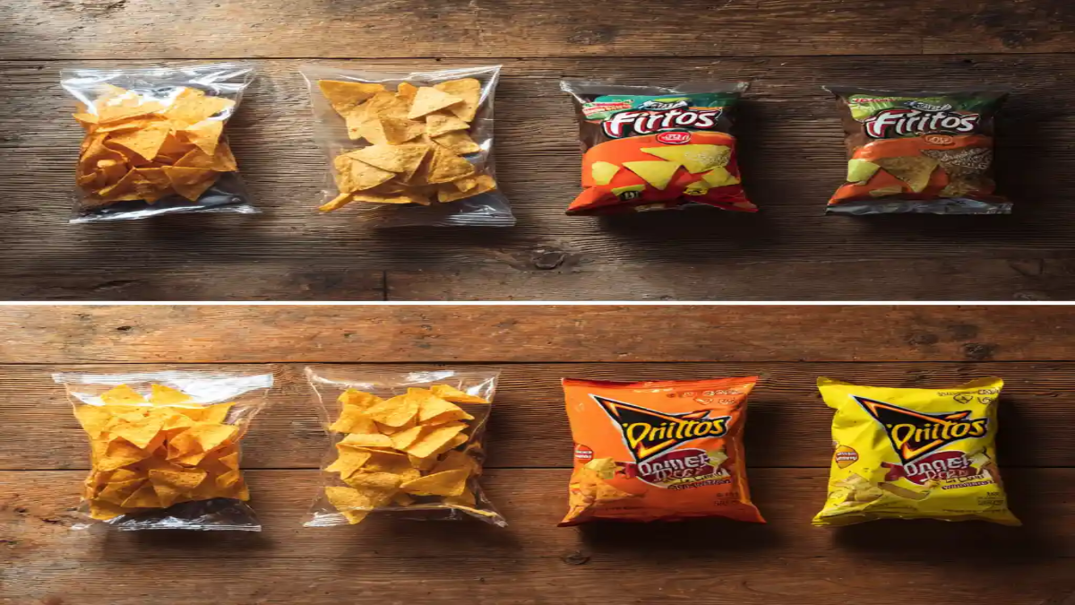 Unpackaged and bagged Fritos and Doritos chips displayed on a rustic wooden table for comparison.