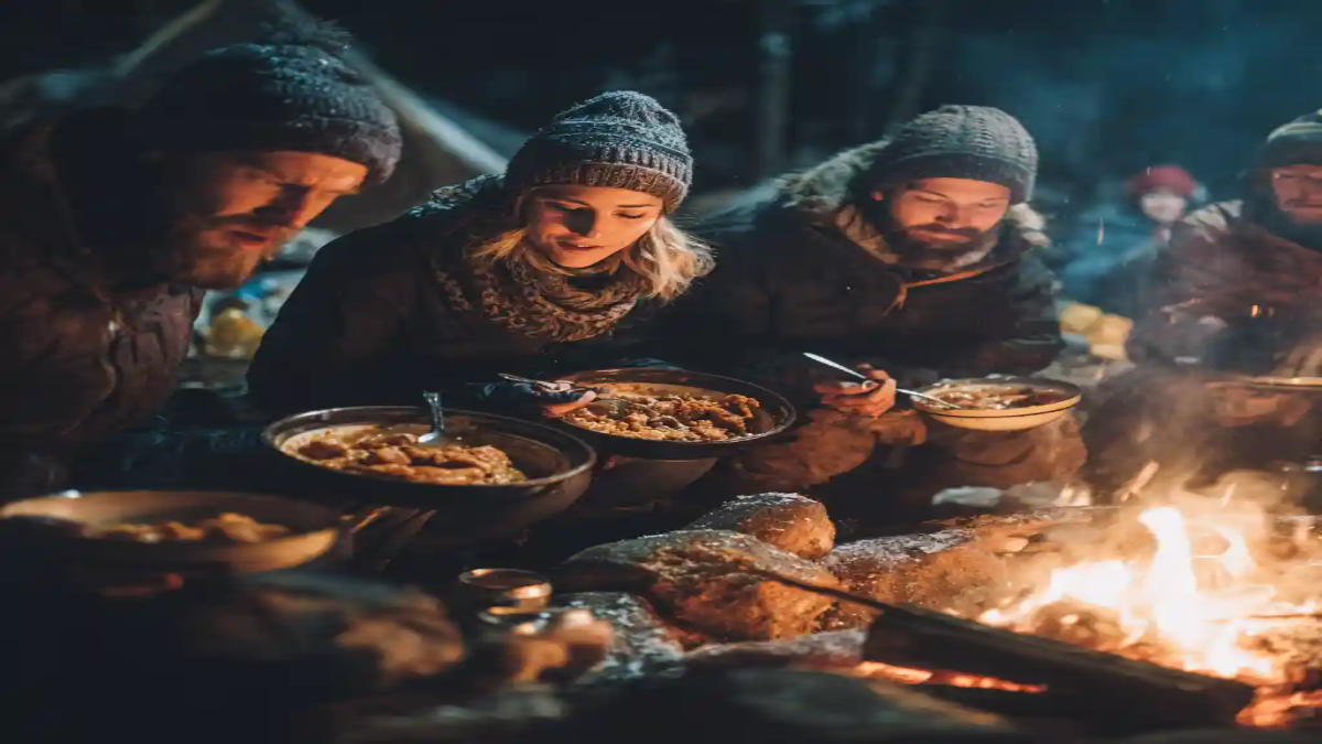 Group of friends in winter clothing eating hot meals from bowls around a campfire at night in a snowy outdoor setting.