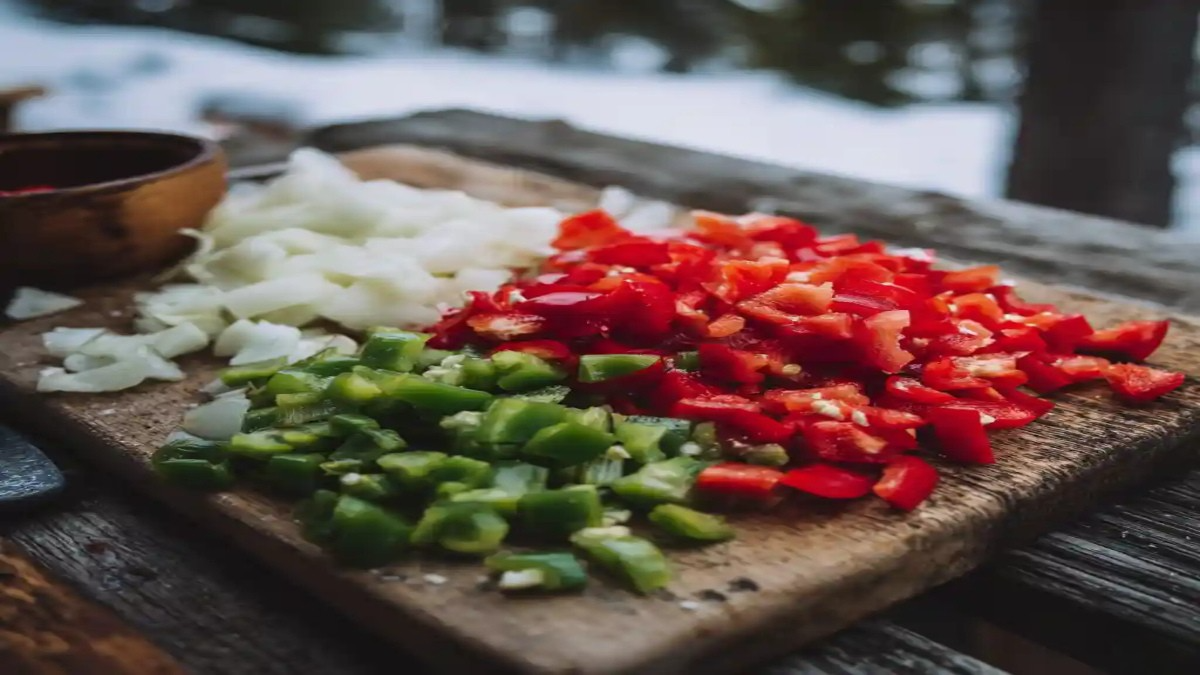 Chopped onions, green peppers, and red bell peppers on a wooden cutting board outdoors in a snowy setting.