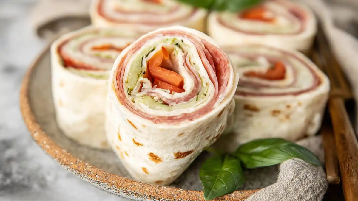 Italian pinwheel wraps made with tortilla, deli meats, cheese, and vegetables.