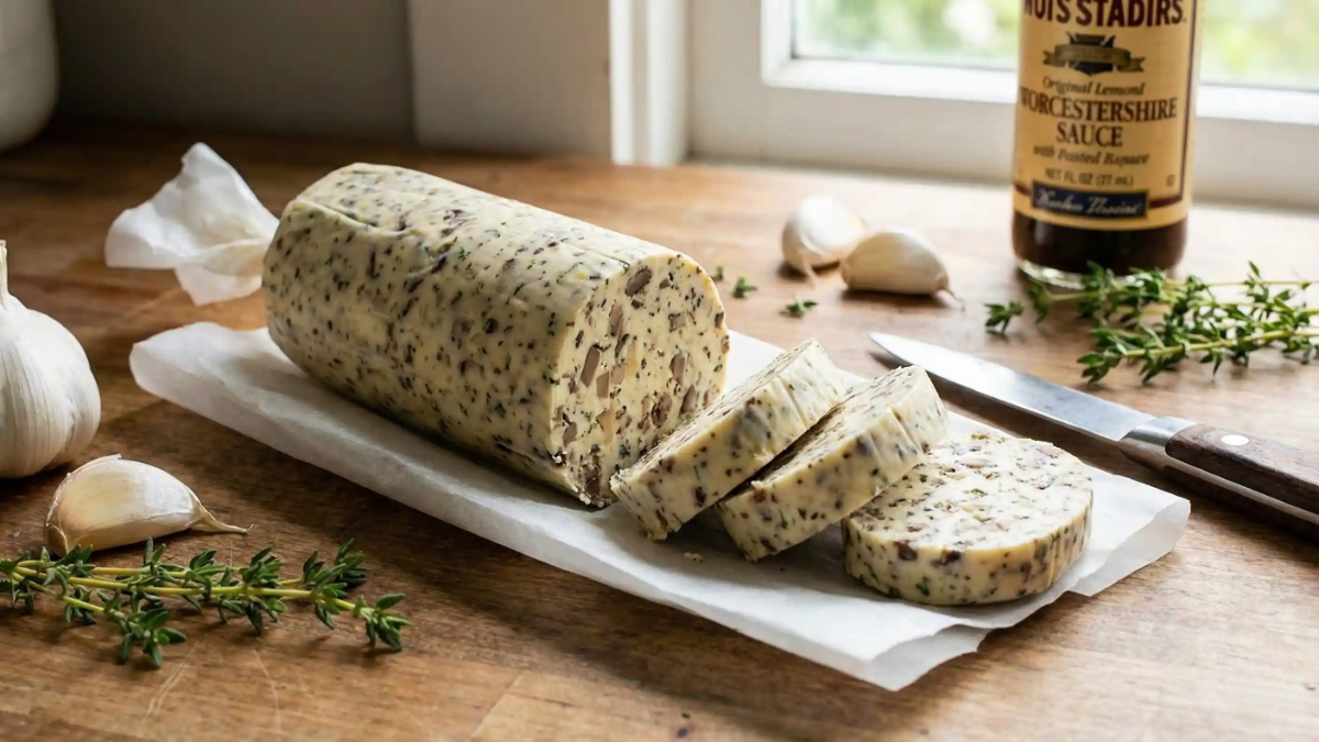 Sliced log of garlic herb compound butter with fresh thyme and garlic cloves