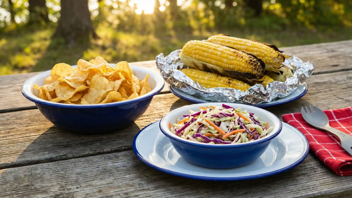 Bowls of potato chips, coleslaw, and grilled corn on a picnic table outdoors