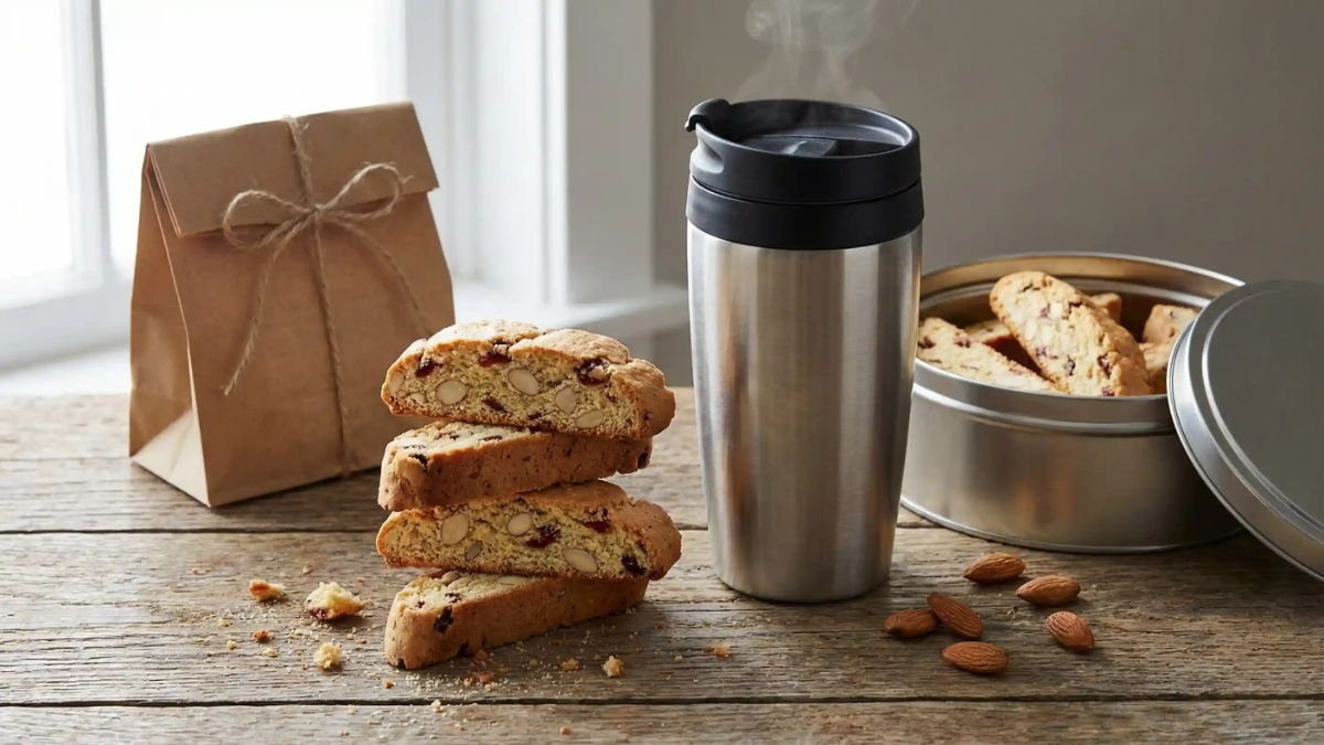 Stacked almond biscotti next to a steaming travel mug, a tin of cookies, whole almonds, and a brown gift bag on a rustic wooden table.