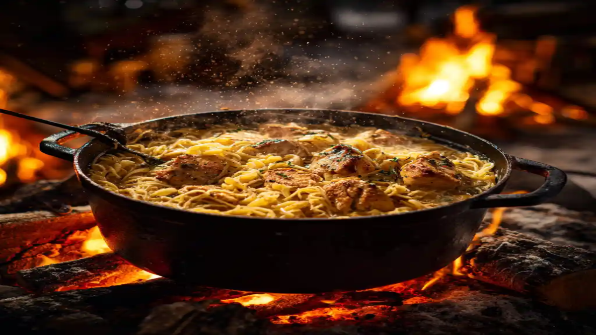 Creamy chicken pasta cooking in a cast iron pot over an open wood fire in an outdoor setting with glowing flames.