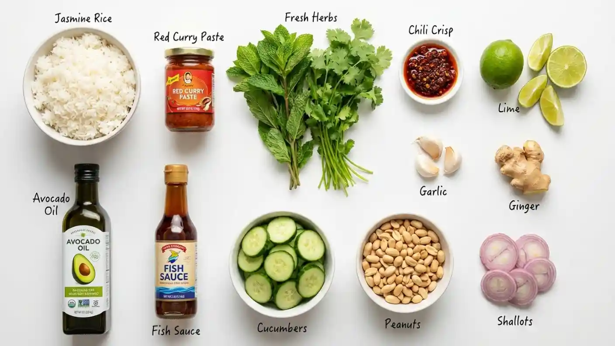 Labeled ingredients for Thai crispy rice salad, including jasmine rice, red curry paste, herbs, lime, garlic, and more