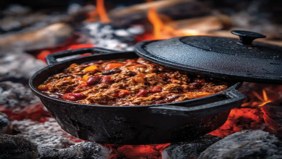 Cast iron pot of hearty chili simmering over open campfire coals with visible steam and flames.