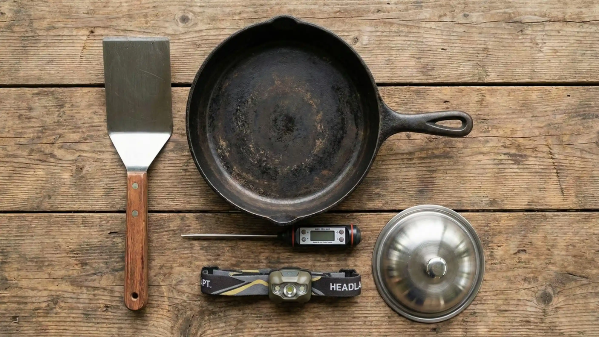 Flat lay of essential campfire cooking tools including a cast iron skillet, spatula, thermometer, headlamp, and lid