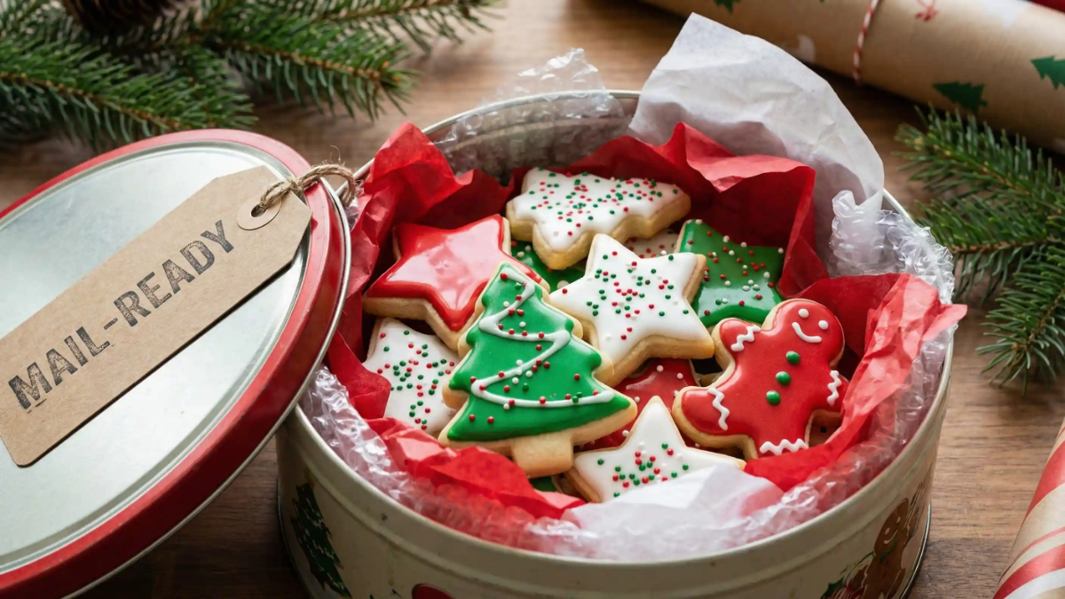 Holiday sugar cookies in festive shapes like stars, trees, and gingerbread people, decorated with red, green, and white icing in a gift tin labeled “Mail-Ready.”