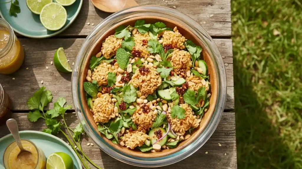 Bowl of Thai crispy rice salad with herbs, cucumbers, peanuts, and chili crisp