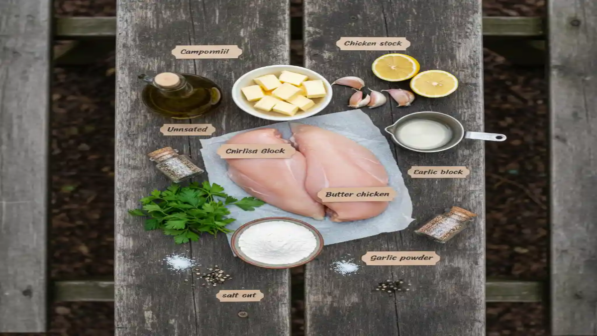 Flat lay of rustic butter chicken ingredients on a picnic table, including raw chicken breasts, butter, garlic, lemon, herbs, and spices.