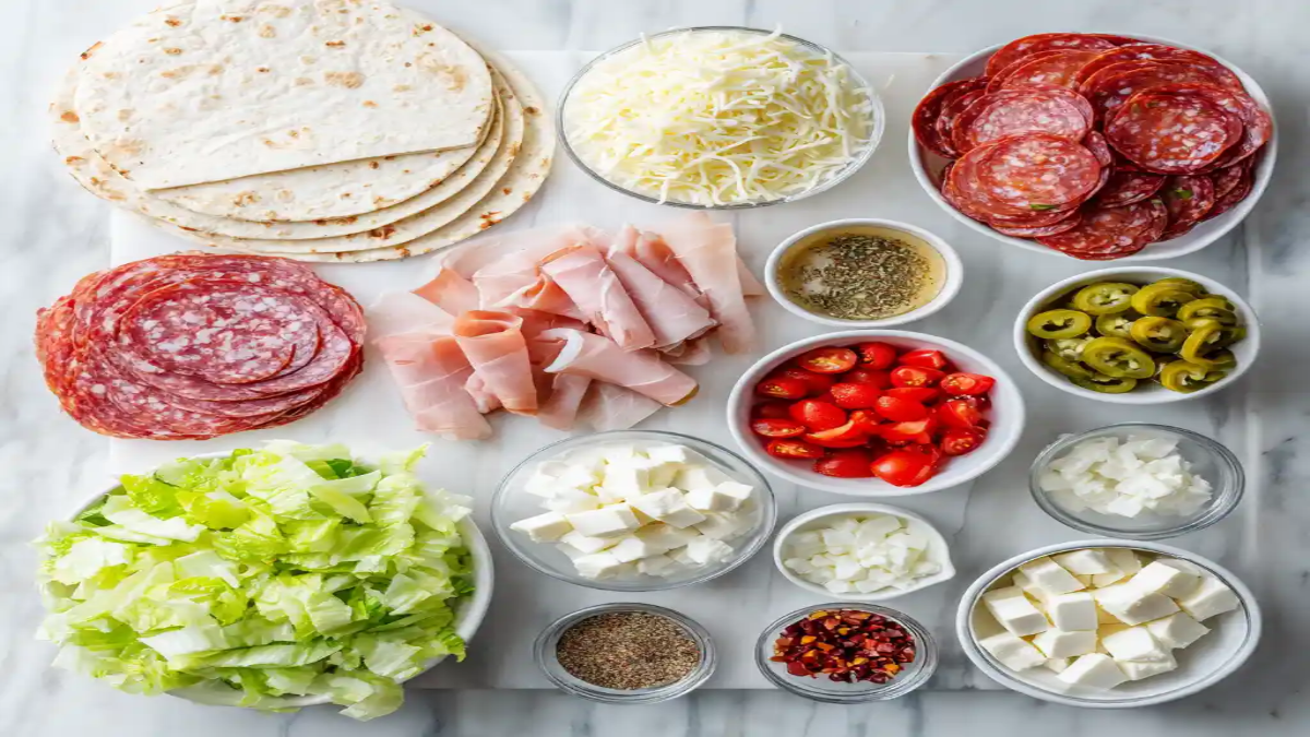 Flat lay of ingredients for Italian pinwheel wraps including tortillas, deli meats, cheeses, vegetables, and seasonings.