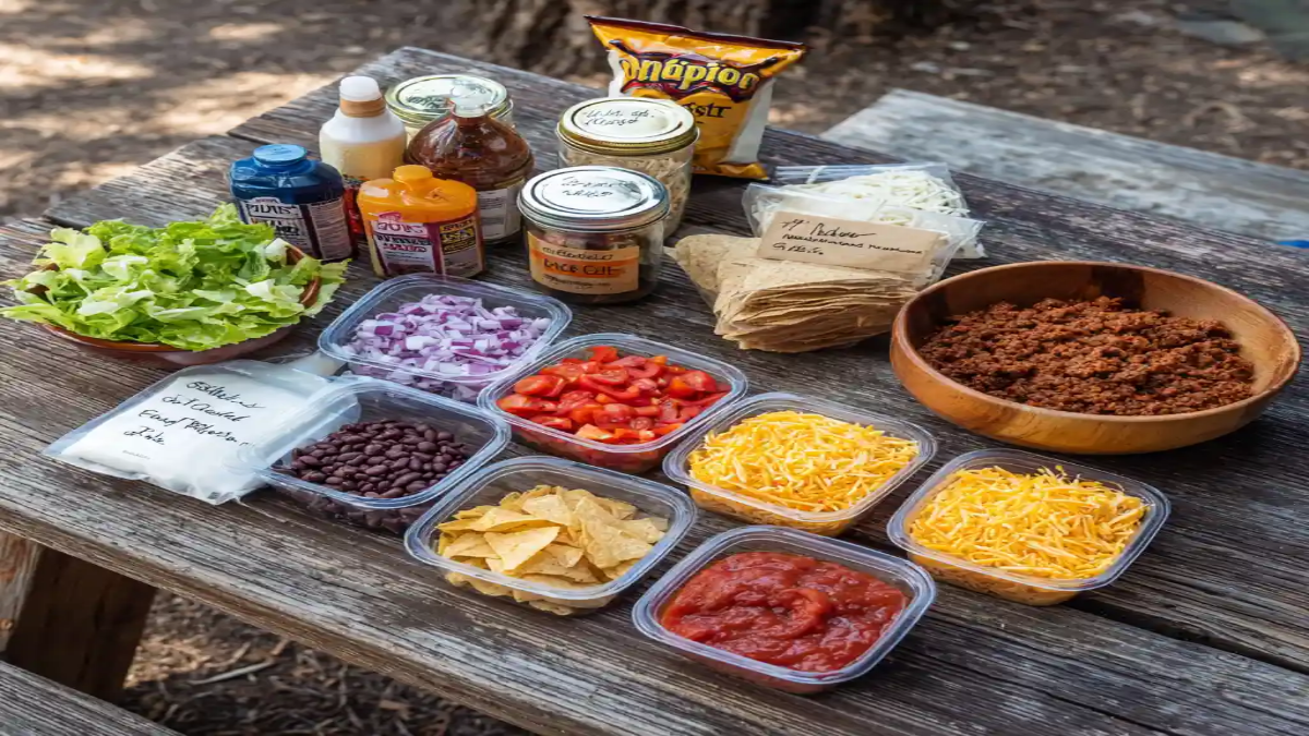 Outdoor picnic table topped with taco night ingredients including seasoned ground beef, shredded cheese, lettuce, salsa, chips, beans, onions, and sauces.