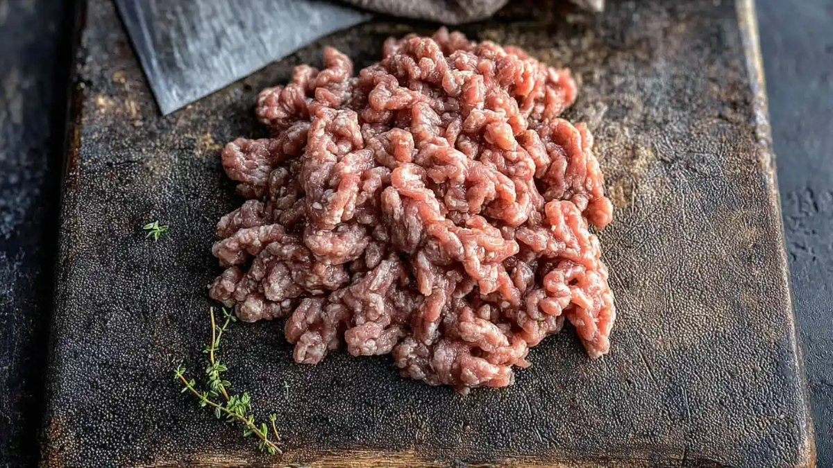 Fresh raw ground beef on a rustic wooden cutting board with a sprig of thyme beside it.