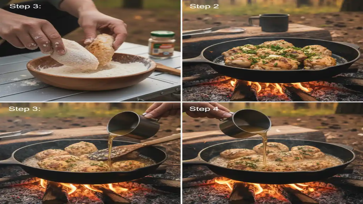 Step-by-step campfire cooking of chicken in a cast iron skillet over an open flame, including breading, searing, and adding broth.