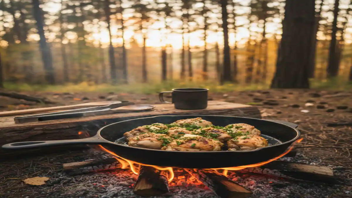 Cast iron skillet with golden chicken thighs cooking over a campfire in a forest during sunset.