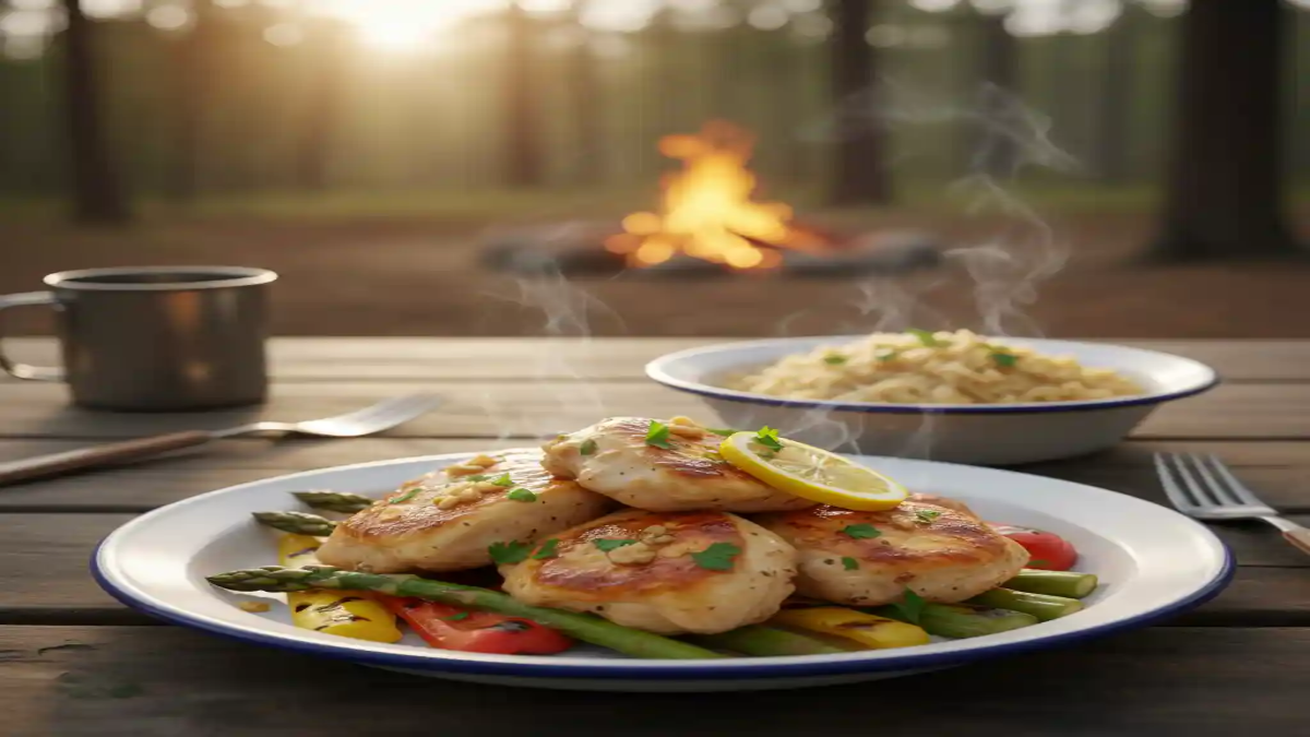 Campfire-cooked lemon garlic chicken with vegetables and rice served on a picnic table at sunset in the woods.