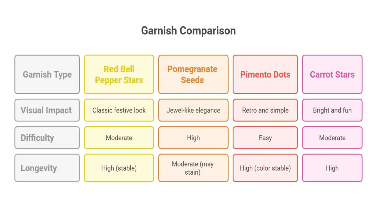Visual comparison chart of festive garnish types including red bell pepper stars, pomegranate seeds, pimento dots, and carrot stars based on visual impact, difficulty, and longevity.
