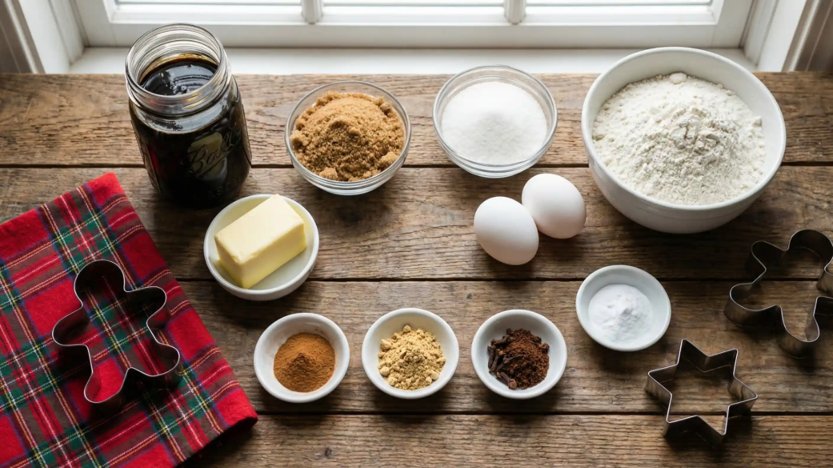 Flat lay of gingerbread cookie ingredients including flour, sugars, eggs, butter, molasses, spices, and cookie cutters on a rustic wood table with a red plaid napkin.