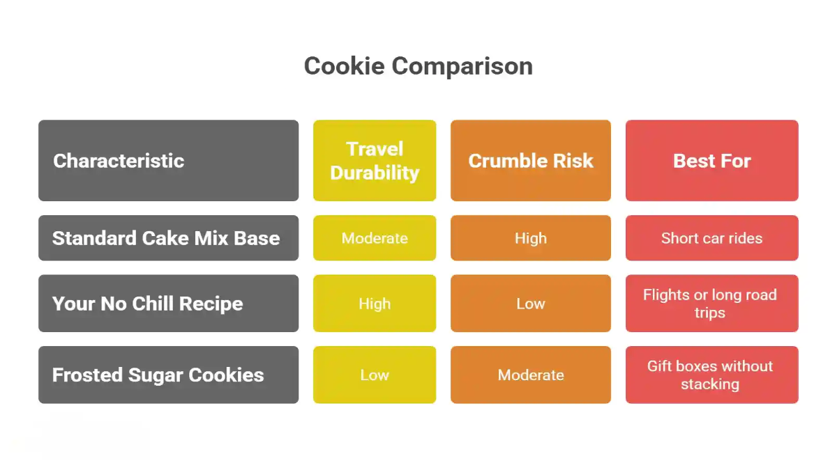 Color-coded cookie comparison chart showing travel durability, crumble risk, and best uses for cake mix, no-chill, and frosted sugar cookies ideal for picnics and road trips.
